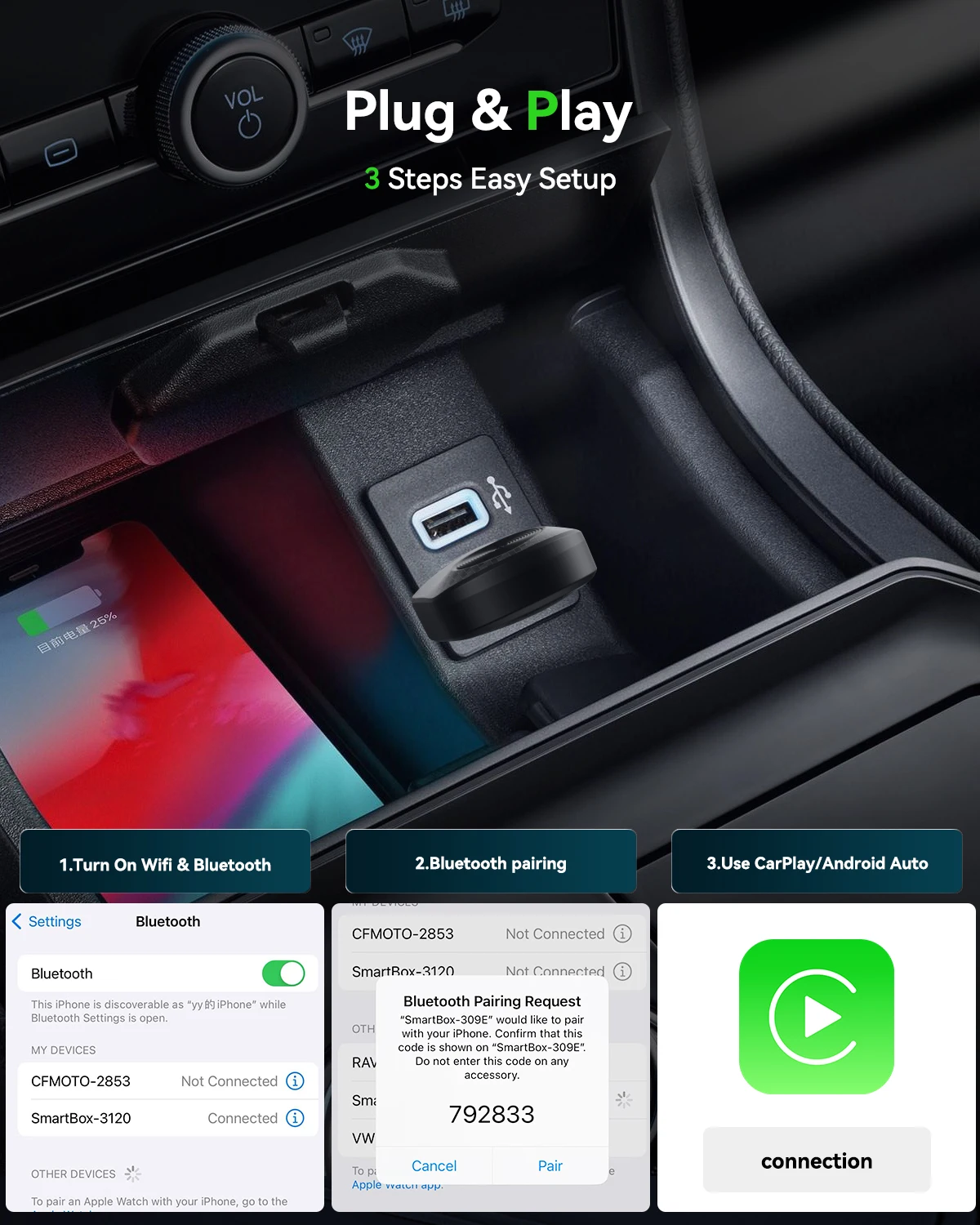 محول CarPlay السلكي الصغير إلى اللاسلكي، توصيل وتوصيل توصيل تلقائي للسيارات السلكية المتوافقة مع هاتف iPhone وAndroid A #3