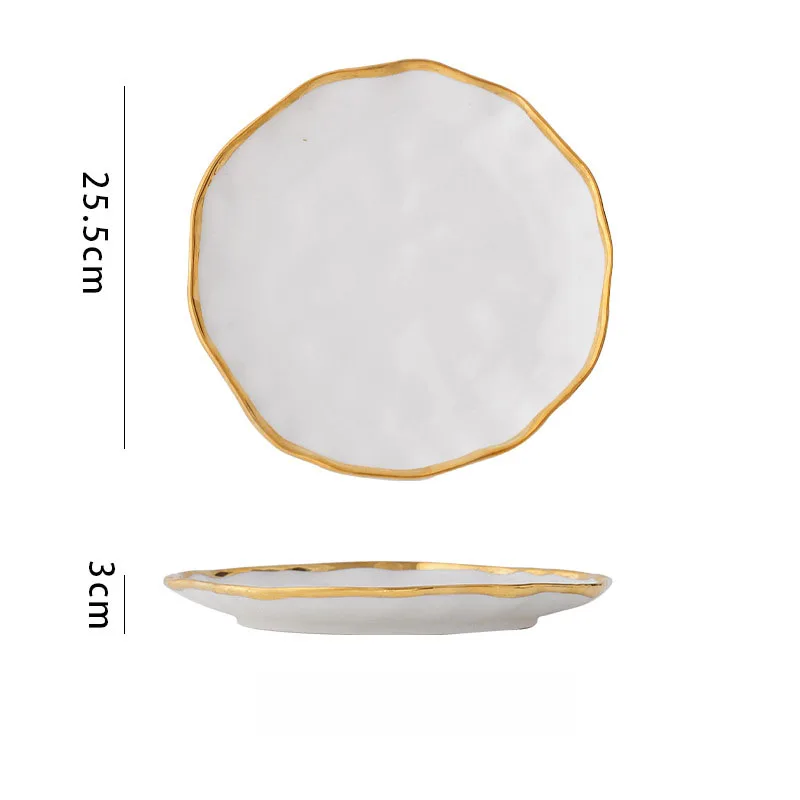 European Ceramic White Dinner Plate Gold Border Western Food Steak Plate Home Round Soup Noodle Bowl Kitchen Fruit Dessert Dish