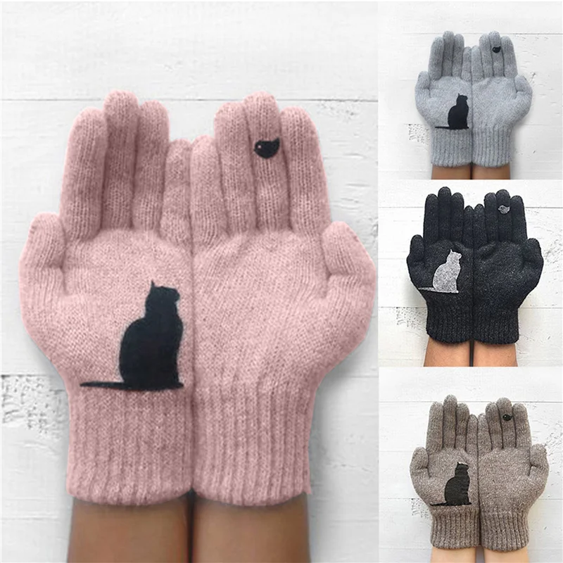 Knitted Gloves Gifts for Couples Outdoor Warmth Protection Windbreak Autumn Winter Cat Bird Pattern Printed Men Women Gloves