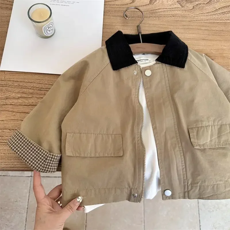 Fashion Spring Autumn Baby Boys Coats Simple Brown Zipper Jackets Trenchs Patchwork Outwears Kids Clothes