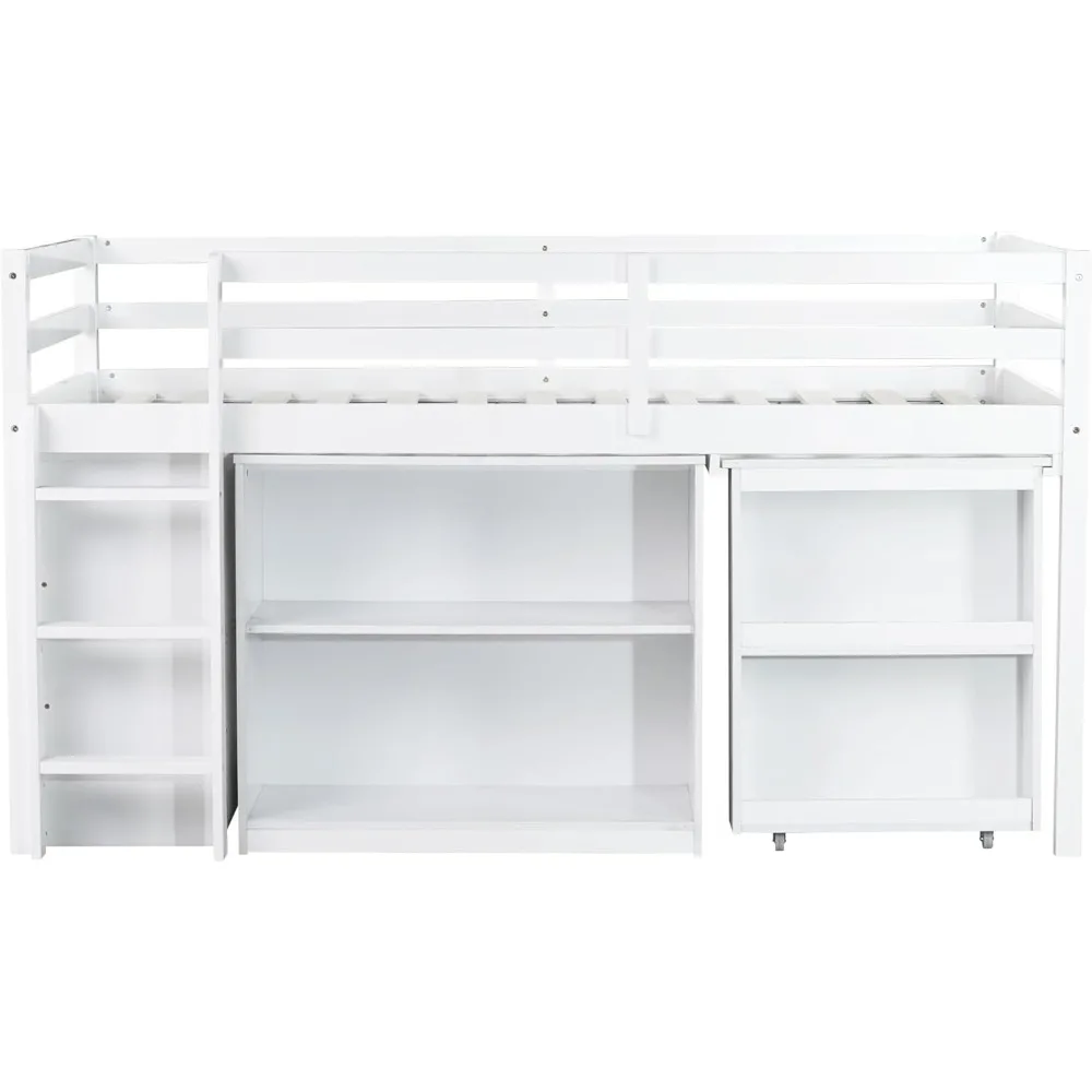 Cama alta baixa de tamanho duplo SOFTSEA com mesa e armazenamento, cama alta de tamanho duplo com mesa portátil, gavetas e prateleiras de armazenamento para crianças