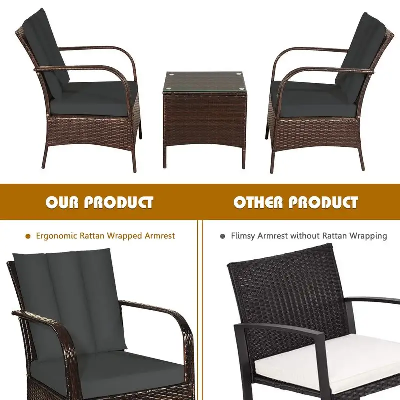 

3 Pcs Patio Conversation Rattan Furniture Set with Glass Top Coffee Table and Cushions-Gray
