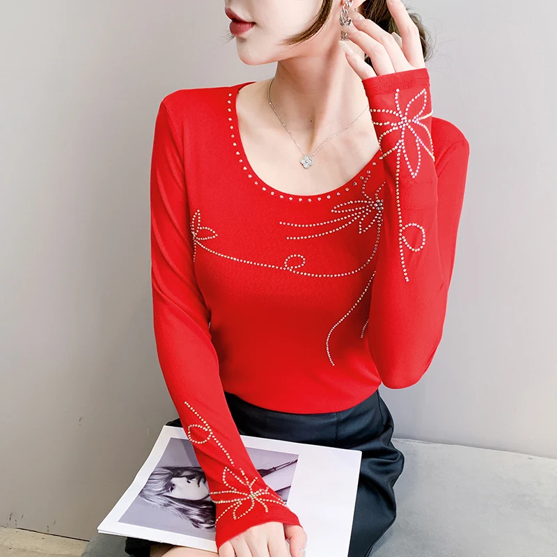 

Черный, Новый, Осень, Зима, Корейский, Стиль, Футболка, Мода, Сексуальный, О-образный вырез, Блестящий, Диаманты, Женские, Топы, Длинный рукав, Сверление, Горячие, Тройники, 592805