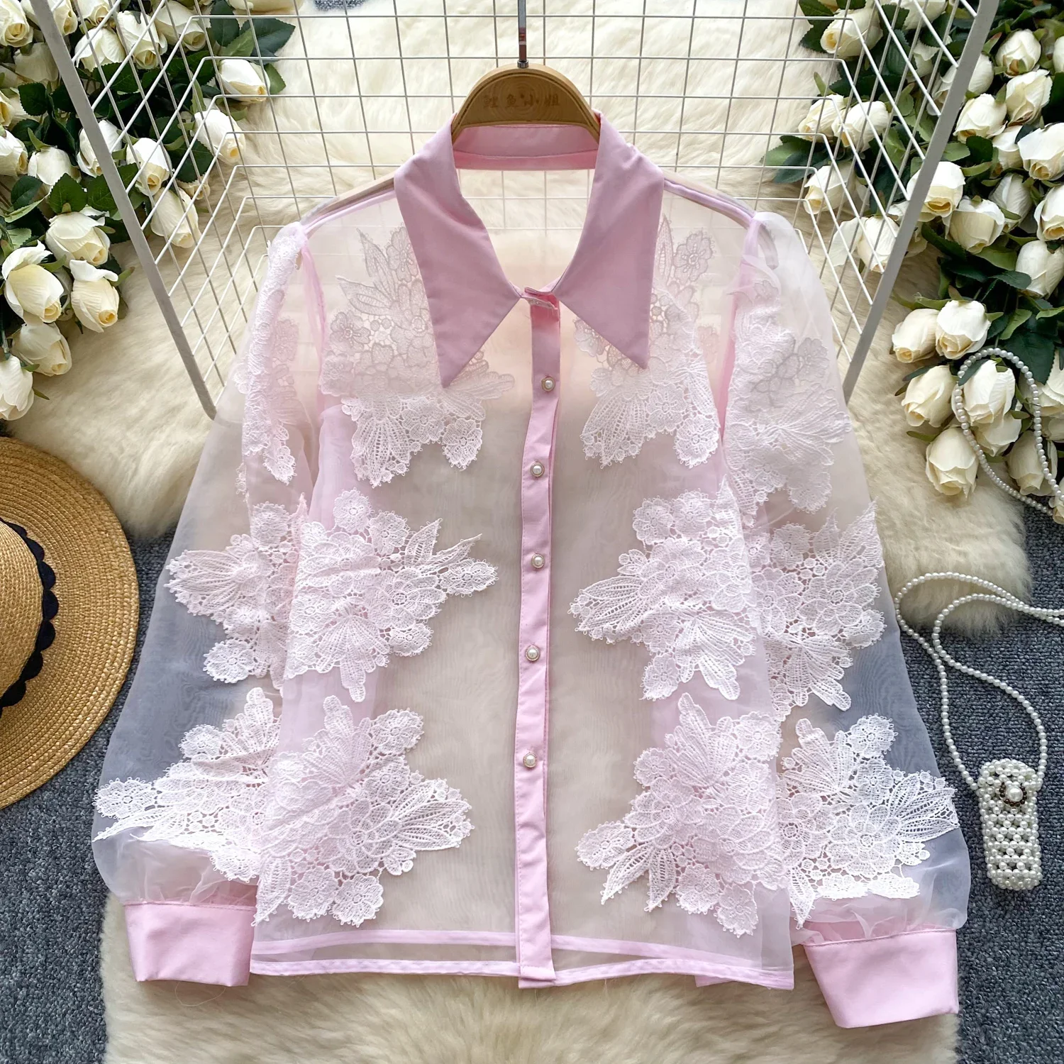 Basics Turn-down Collar Long Sleeve Slim Single Breasted Chic Floral Embroidered Mesh Top French Women High Street Autumn Blouse