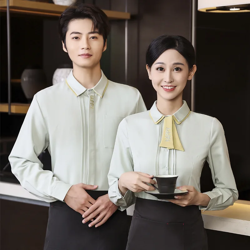 Waiter Workwear Shirt Restaurant Cafe Milk Tea Shop Fashion Slim-Fitting Work ClotheslogoWomen's Long Sleeve