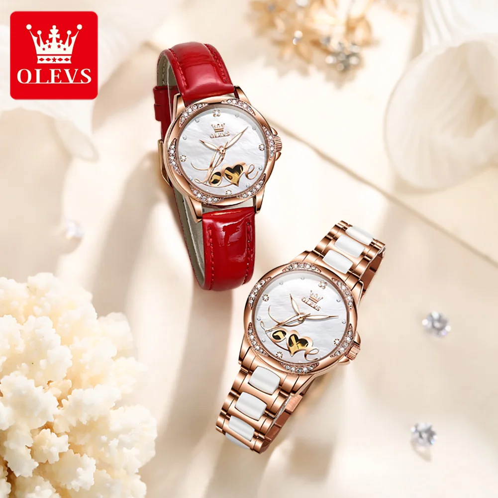 OLEVS 6613 Woman Watch Fashion Hollowed Love Heart Design Flower Diamond Bezel Waterproof Luminous Automatic Mechanical Watches