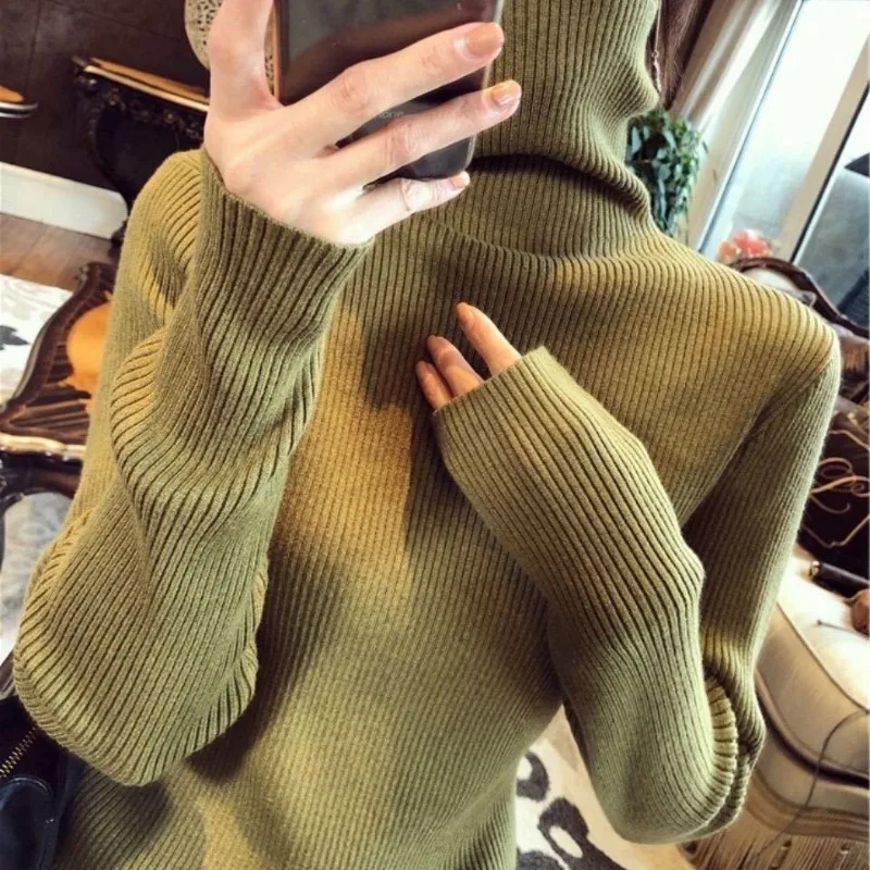 Turtleneck Slim Solid Color Knitting Bottoming Shirt Women Autumn Winter Simplicity Long Sleeve Sweater Casual Knitwear Tops