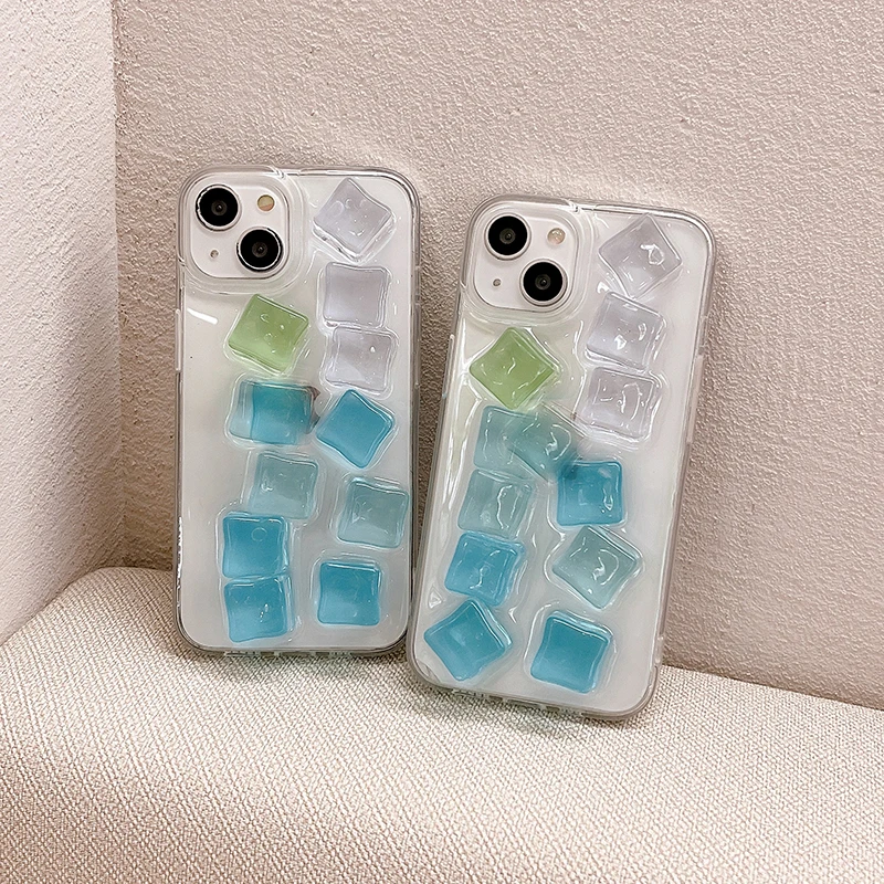 INS 3D Crisp Blue Ice Cube Phone Case for IPhone 16 15 14 13 12 11 Pro Max Plus Cool Protection Soft Anti-Drop Back Case