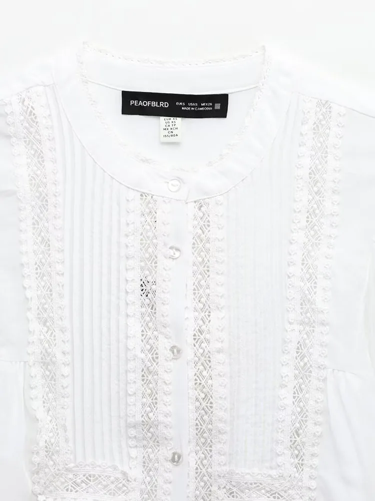 قمصان نسائية صيفية من الدانتيل بلوزات علوية موضة 2025 ذات ثنيات متينة ورقبة دائرية مطرزة ملابس نسائية أنيقة للشارع #5