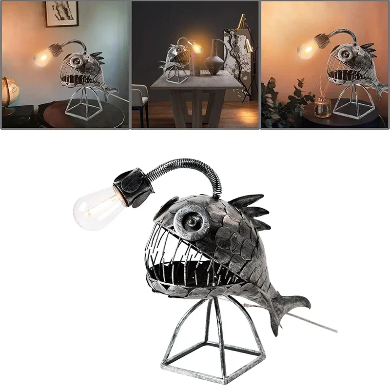 Vintage Angler Fish Desk Lamp Shark Shape Night Light USB Metal Art Lantern Ornament Bedroom Home Table Decoration for Gift