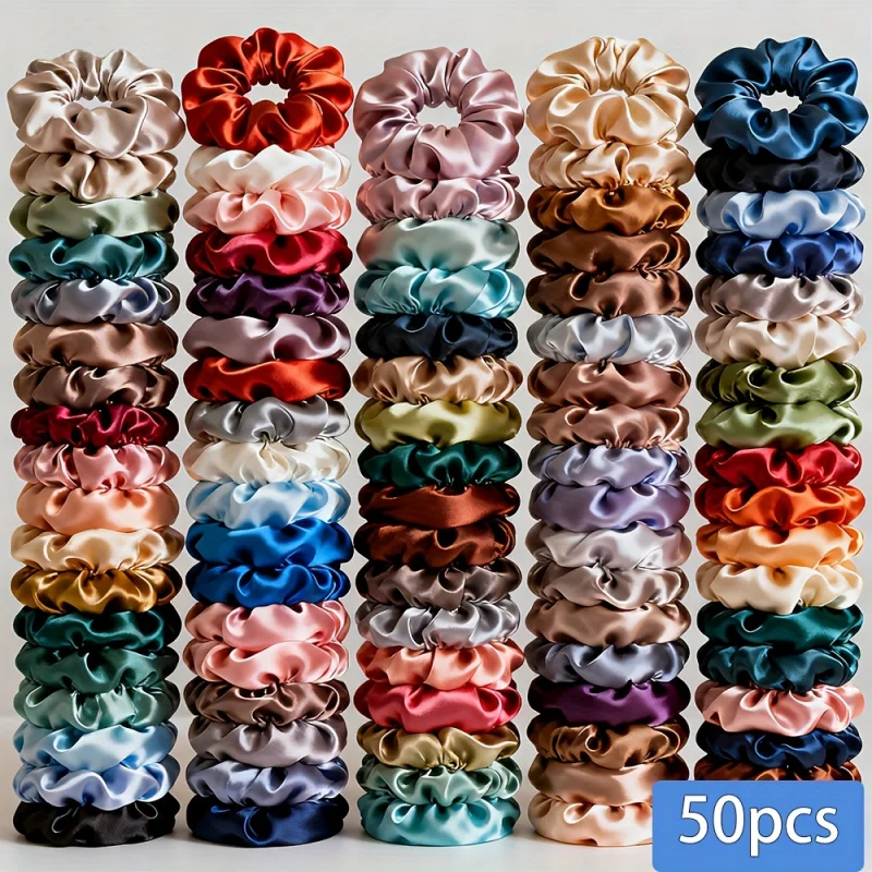 

50pcs Satin Scrunchies, Elegant Hair Ties, Pastel & Vibrant Colors