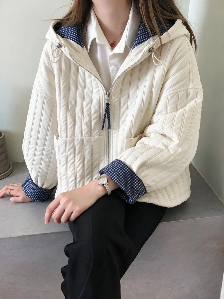 Young Stylish Quilted Cotton Jacket Women's Loose Fit Hooded Lightweight Autumn Winter Coat Casual Comfortable Polyester Fabric