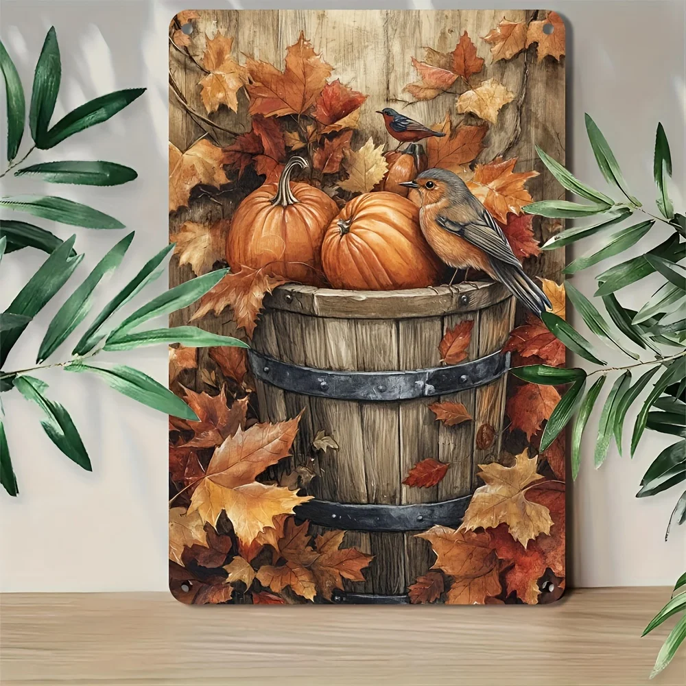 Letrero de hierro Vintage para cosecha de otoño, diseño de calabaza y pájaro, arte de pared, póster de hierro duradero, Ideal para el hogar, Bar y decoración al aire libre