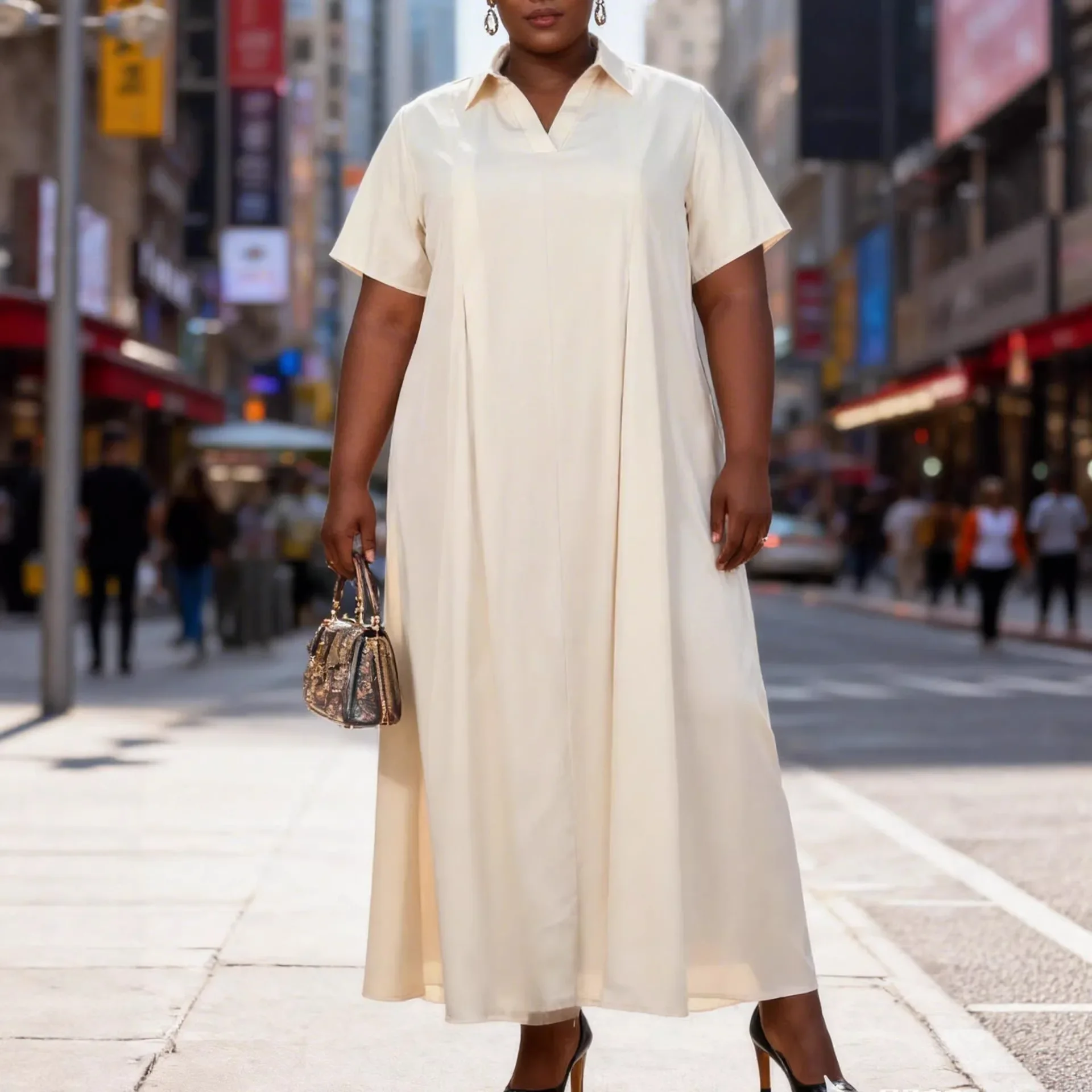 African Dresses for Woman Turn Down Collar Short Sleeves Loose Long Africa Female Simple Solid Church Causal Daily Occasions