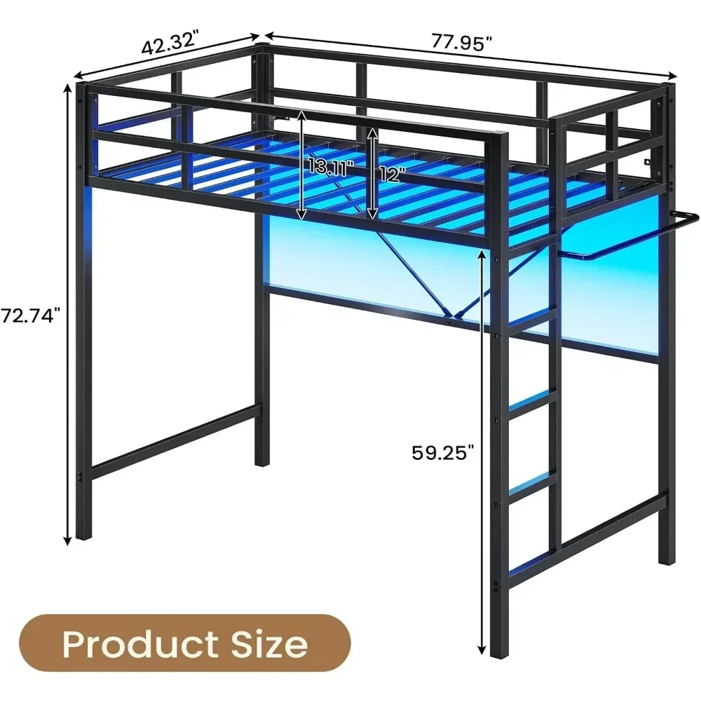 Beliches Cama alta dupla com luzes LED, guarda-corpo e rack de roupas de comprimento total, estrutura de cama loft de metal resistente, cama loft de metal