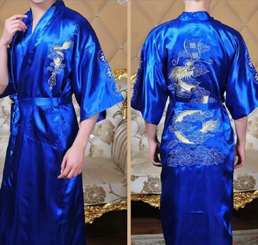 Wholesale New Chinese Traditional Men Women Embroidered Dragon Nightgown Satin Long Bathrobe Casual Loose Home Tang Pajamas