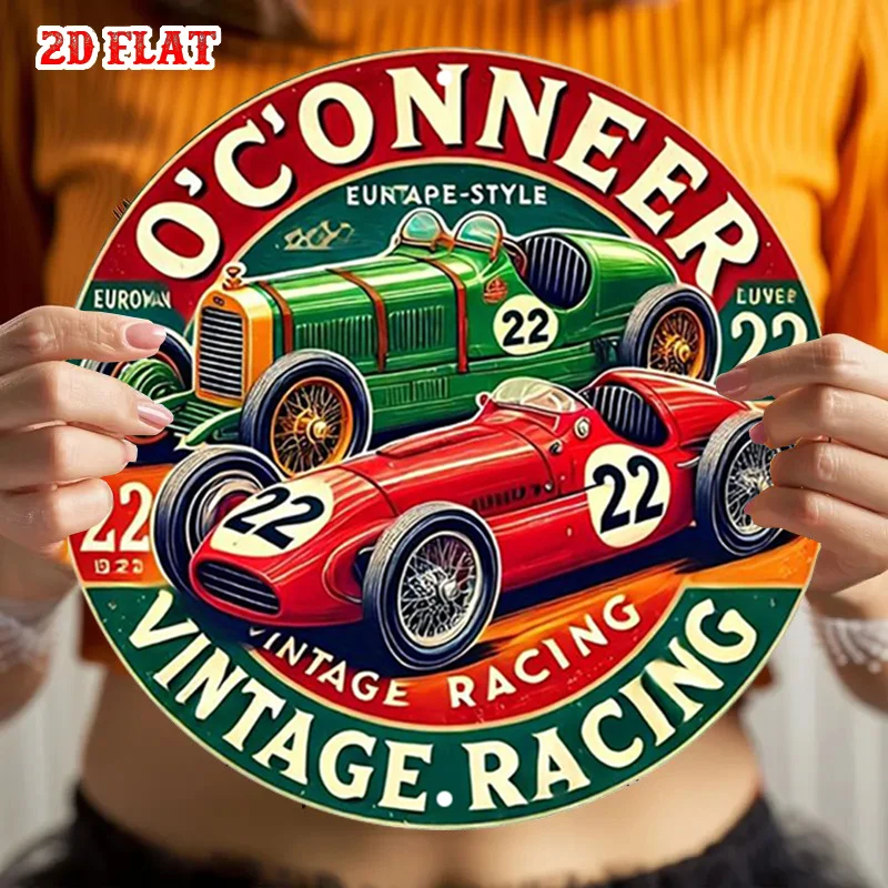 2D Flat, Racing Round - O'Conneer Metal Tin Wall Art, European Style Rustic Decor with Green & Red Racing Cars,for Home, Garage