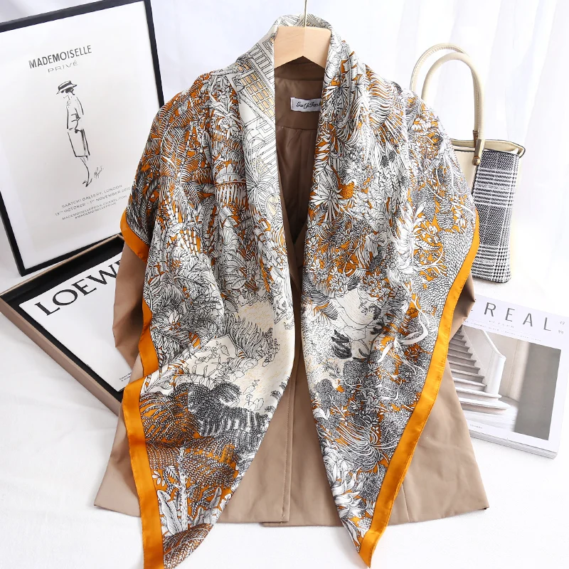 Spring Autumn Floral Printed 110cm Square Imitated Silk Scarf Big Size Hijab Travel Sun Resistance Femme Foulard Head Wrap