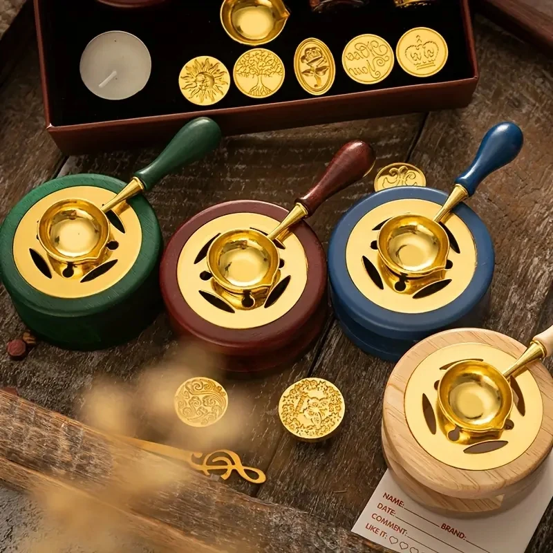 1set Wax Seal Warmer Kit, Houten Wax Seal Oven met Smeltlepel Seal Wax Smeltoven Tool voor het smelten van Lakzegelkralen - afbeelding 2