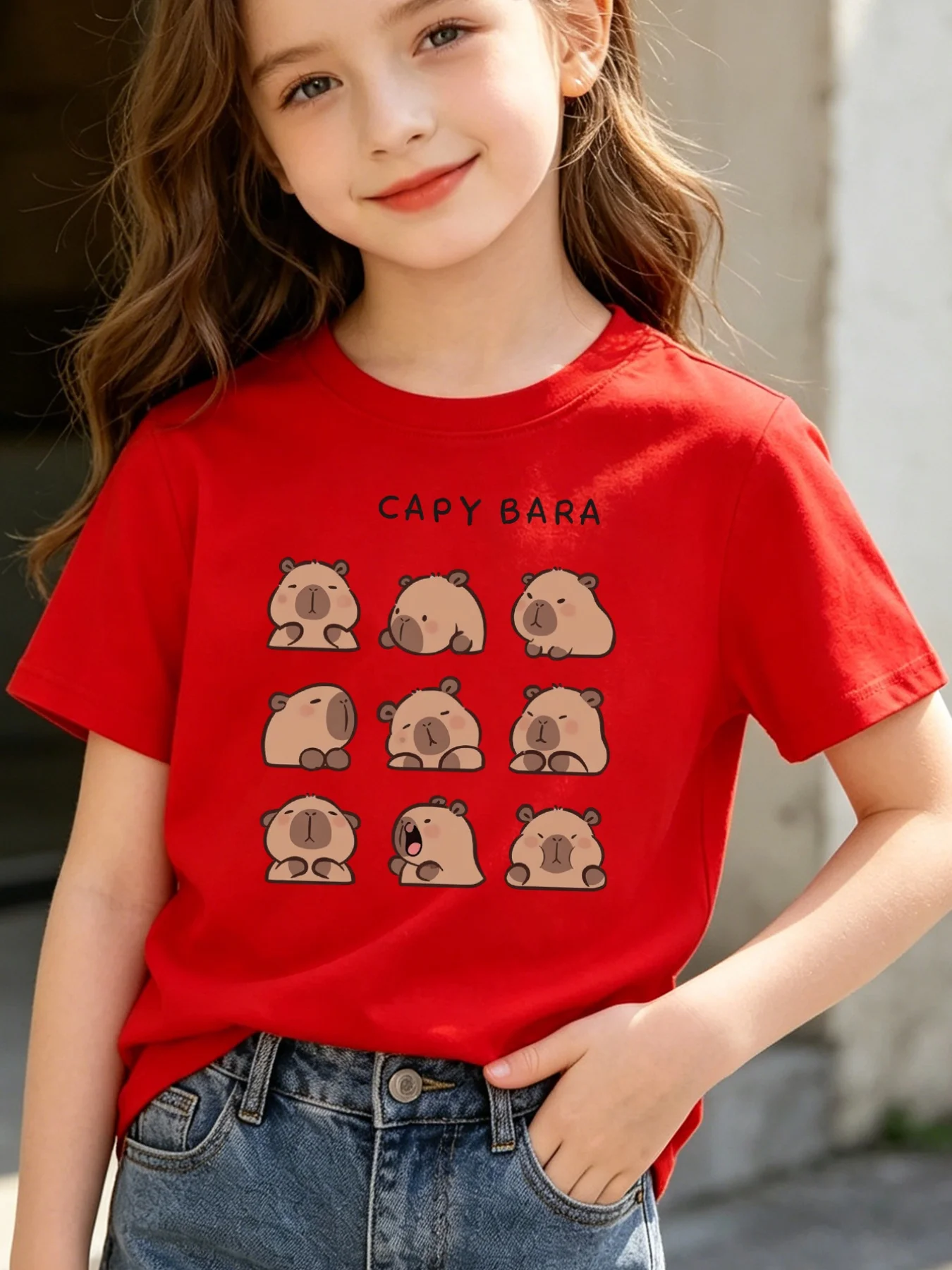 Family Matching Kids Tee Cute Multi Expression Capybara Graphic Short Sleeve Cotton T Shirt Girls Boys Parent Child Casual Wear