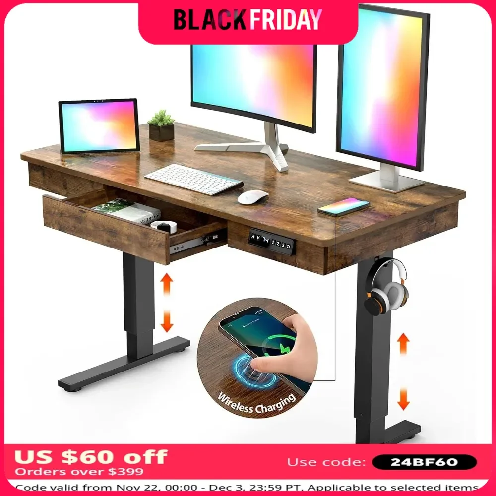 Electric Standing Desk with Drawer,48 x 24 Inches Standing Desk Adjustable Height Desk with 12W Wireless Charging,Wooden Desktop