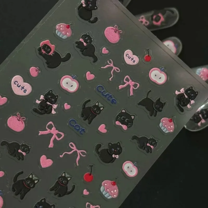 Cute Cartoon Bow Black Cat 3D Relief Sticker Adorable Girl Art Nail Kitten Decoration DIY Jelly Sticker for Phone Case Scrapbook view 4