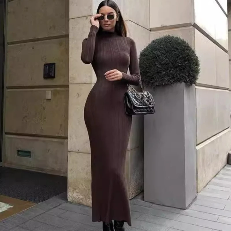 European American Knitted High Neck Sleeveless Women's Bodycon Dress 2026 Spring Summer New Elegant French Long Dresses Ladies