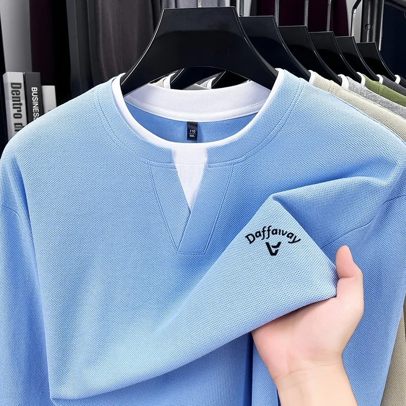 Men's Spring Autumn New Long Sleeve Tops Fake Two-Piece 100% Cotton Soft O-Neck T-Shirt Exquisite Versatile Commuting Men's Wear