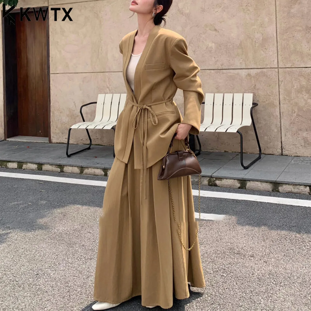 KWTX 2025 Retro linnen pakset dames blazer met V-hals en hoge taille rok outfit met tailleband elegante kantoorkleding herfstjas