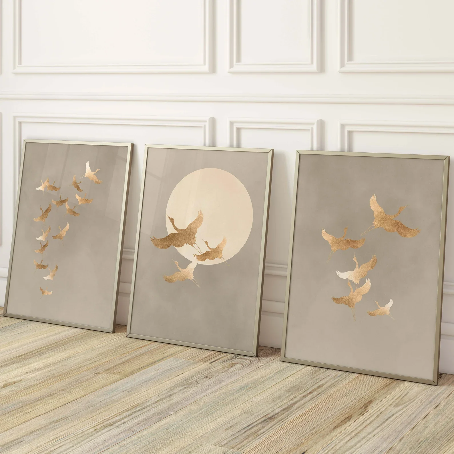 3PCS Gold Cranes Japanese Wall Art   Beige Neutral Poster  Japandi Birds Art  Living Room Decor  Canvas Paintings for Room Decor