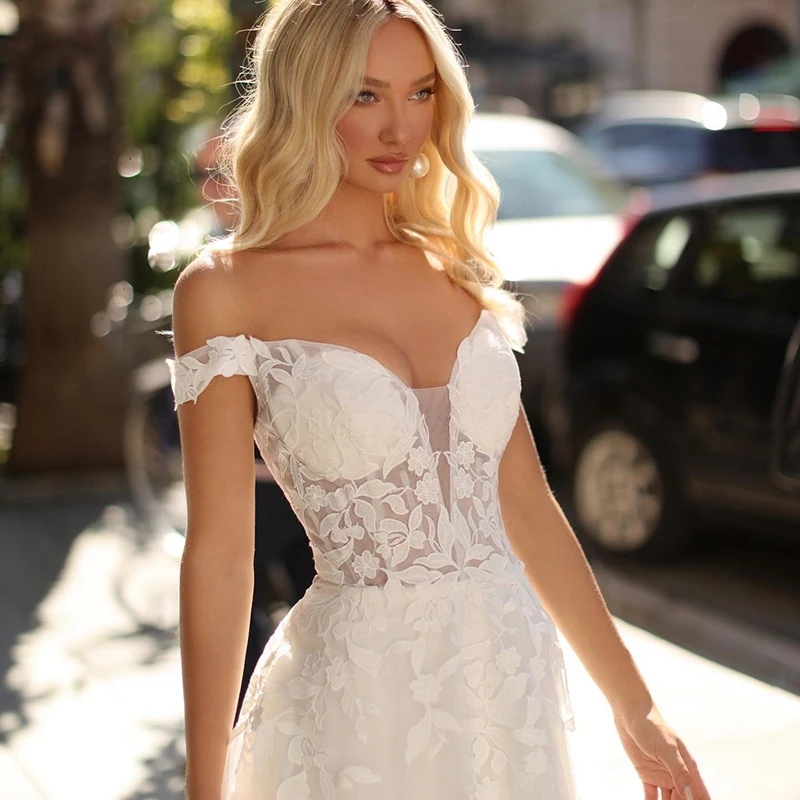 Robe De mariée trapèze élégante, épaules dénudées, en Tulle, avec des Appliques, personnalisée aux mesures, superbe