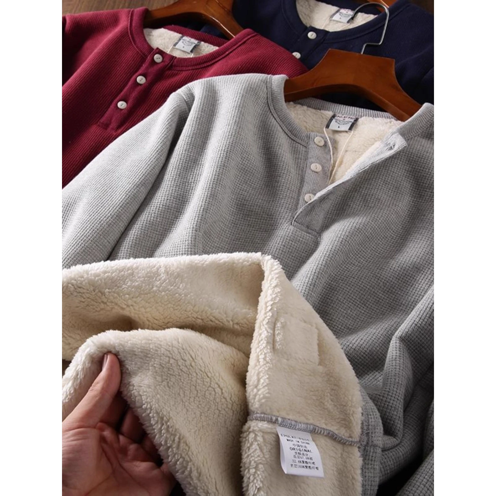 

Мужская толстовка оверсайз с американским воротником-хенли, утепленная, из шерстяной ткани, с подкладкой из овечьего флиса, модная, теплая