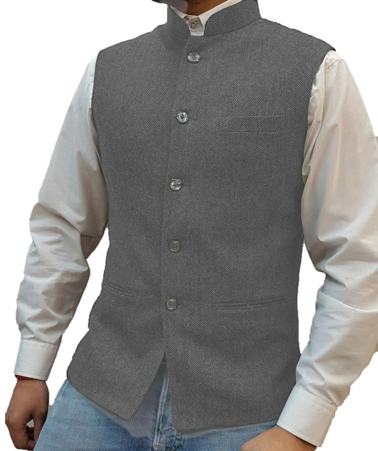 Mannen Pak Vest Bruin Visgraat Wol Tweed Stand-Up Kraag Slim Fit Vest Bruidegom Kostuums Kleding Voor Mannen bruiloft Vest