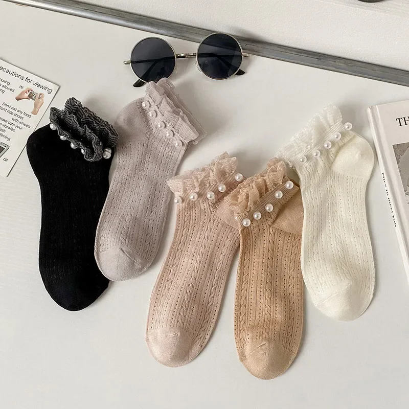 Lace Ruffle Socks Women Hollow Out Mesh Thin Breathable Low Tube Socks Solid Color Cotton Sweet Girls Pearl Kawaii Short Socks