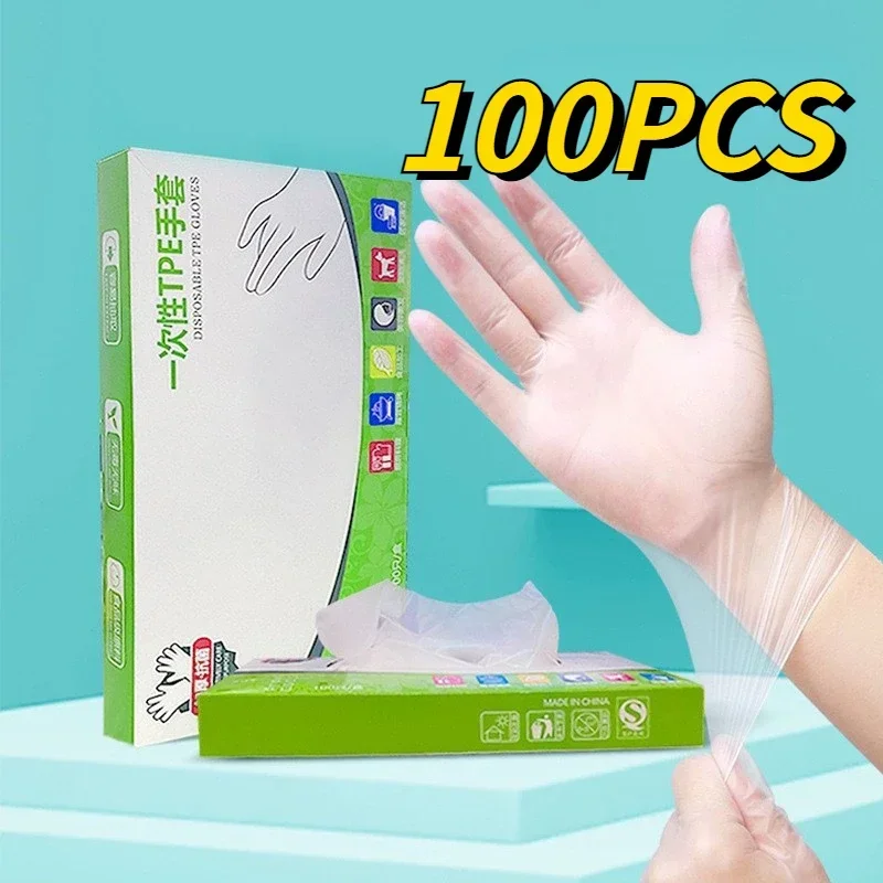 100Pcs TPE Food Grade Household Cleaning Gloves Latex Free Gloves Disposable Gloves Transparent Non-Slip Acid Work Safety