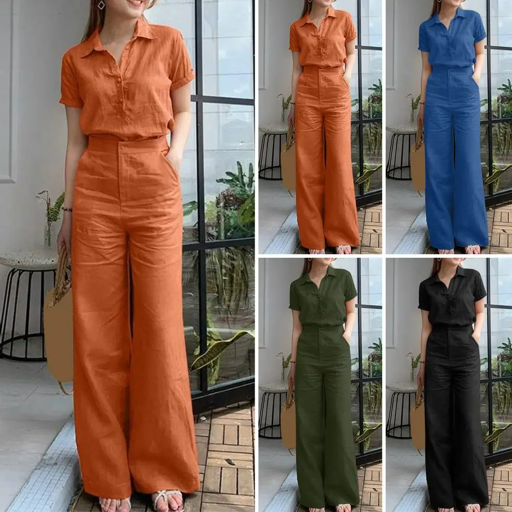 Women Two-piece Suit Women\'s 2-piece Suit Set with Lapel Shirt Short Sleeve Wide Leg Pants Solid Color High Waist for Ladies