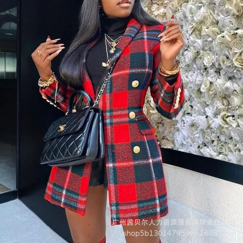 Y2K INS Clothes Autumn Winter Long Sleeve Lapel Collar Double Breasted Pocket Coat Outwear Elegant Plaid Corset Blazer Top