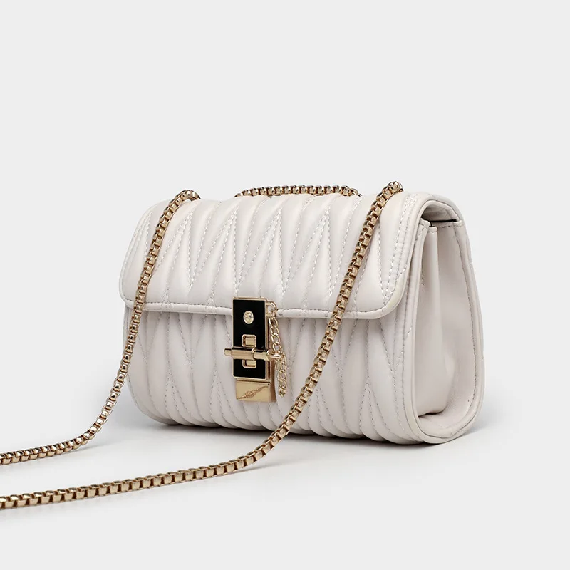 Fashion Women's Small Square Bag One Shoulder Crossbody Handbag Sewing Pleated Metal Chain Shoulder Strap Handbag Western Style