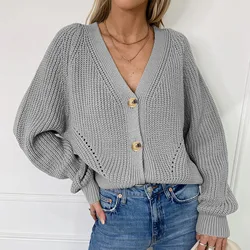 Cárdigan gris de punto suave con botones para mujer, suéter con cuello en V, prendas de punto básicas, Tops femeninos, otoño e invierno, nueva moda