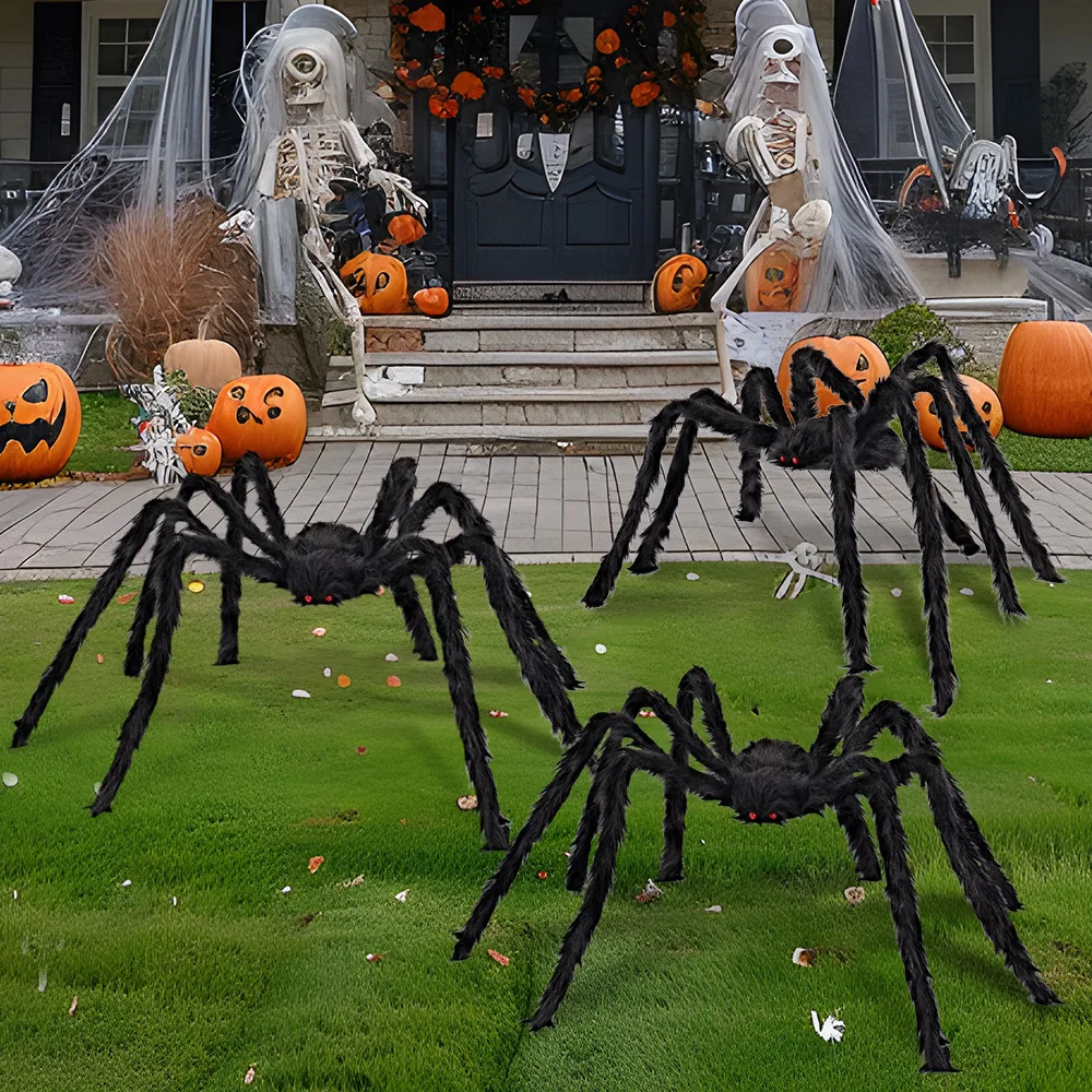 Paquete de 2 Arañas Decorativas de Halloween para Exteriores, Decoración de Halloween para Exteriores, Juego de Arañas Gigantes Peludas para Jardín, Césped, Porche, Decoración Interior, Casa Embrujada, Accesorio de Terror