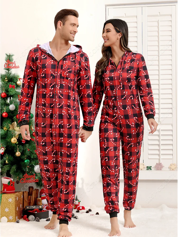 Christmas Pajamas Women Men Onesie Long Sleeves Hoodie Onesie Zipper Family Pajamas Matching Sets