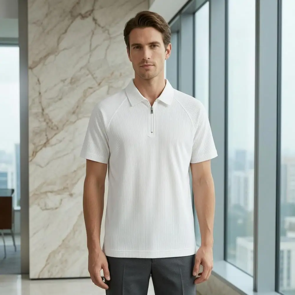 Mens Short Sleeve Quarter Zip Shirt Loose Textured Turndown Collar Casual Golf Shirt Office Daily Date Top
