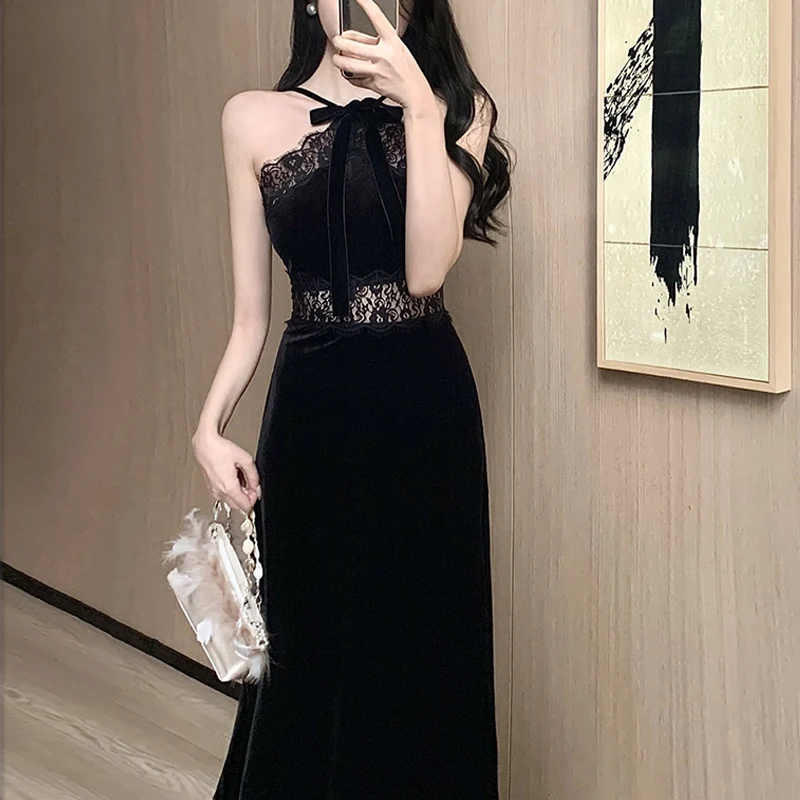 Party Dress Woman Sleeveless Halter Lace Patchwork Bow Backless French Style Velvet Slim Vintage Black Sexy Dresses Lady