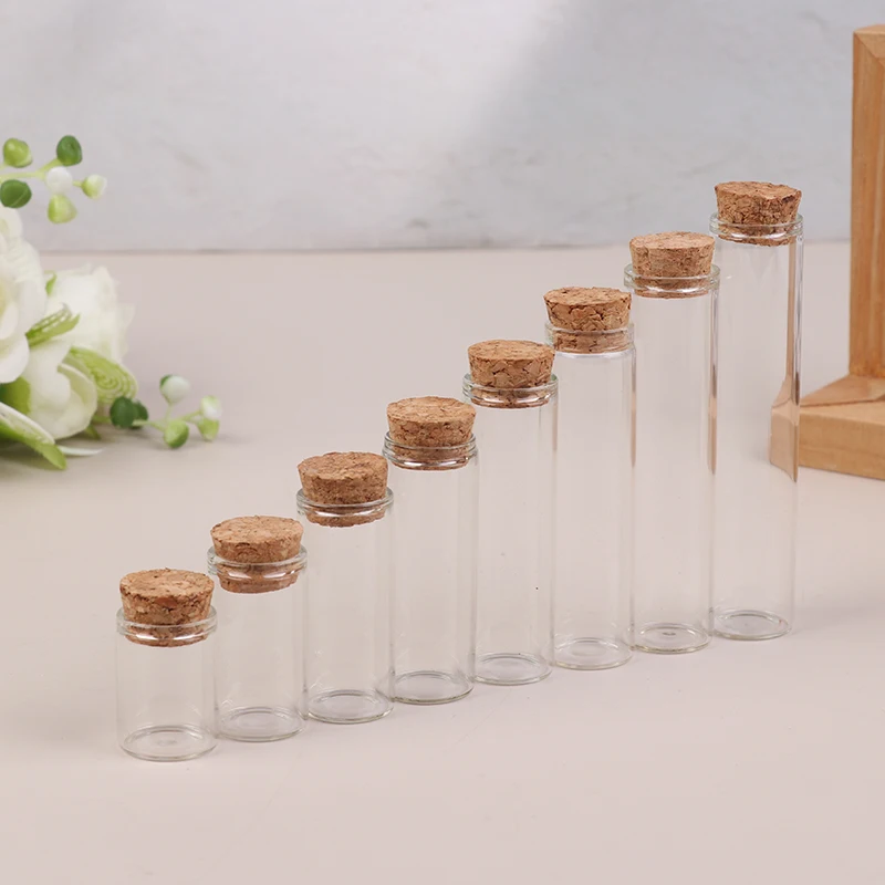 10 Uds. Tubo de ensayo de vidrio con tapón de corcho, botellas para mensajes, tarros, viales, arte de regalo, manualidades DIY, 5ml, 8ml, 10ml, 12ml, 15ml, 20ml, 25ml, 30ml