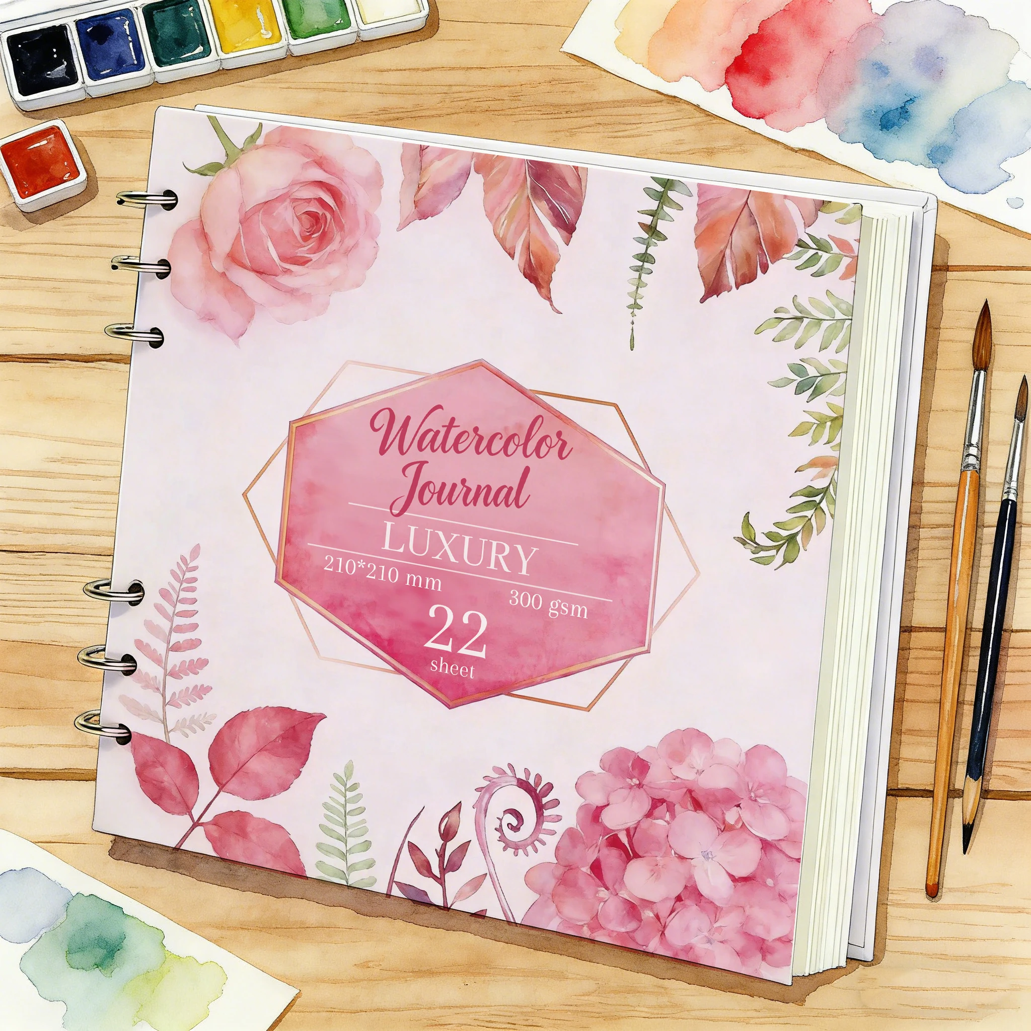 Watercolor Journal, 210x210 mm Square Sketchbook with Pink Floral Watercolor Cover, 22 Sheets 300GSM Heavy-Duty Rough Texture Wa