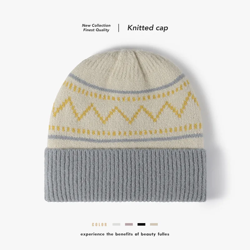 Color-blocked striped knitted hat for women, winter outdoor thickened and fleece-lined, cross-border, cold-proof, warm