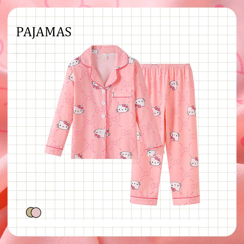 Sanrio Hello Kitty Children Pajama Sets Loose Flip Collar Comfortable Boys Girls Pajamas Suit Causal Soft Breathable Homewear