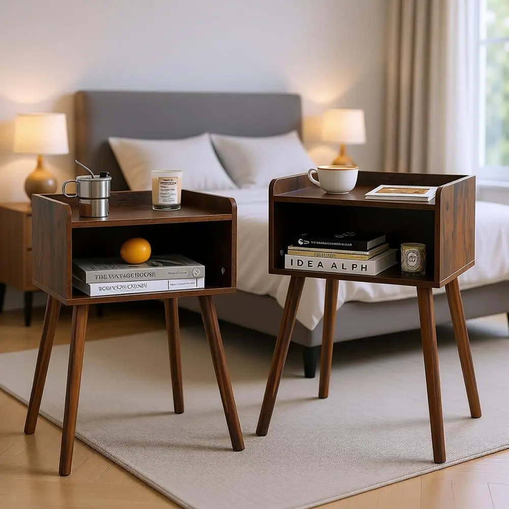 

Rustic Brown Solid Wood 2-Piece Small End Table Set for Bedroom and Living Room Storage