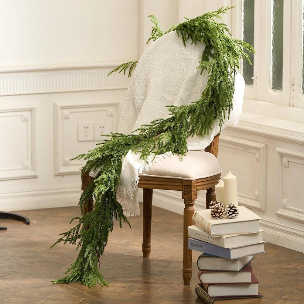 6/9Ft Christmas Norfolk Pine Dense Garland Artificial Greenery Plant Realistic Cypress Vines Garland for Mantle Fireplace Decor