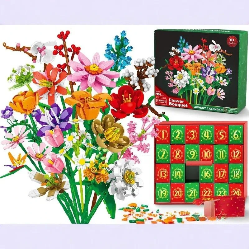 Christmas Flower Bouquet Building Blocks Advent Calendar Blind Box DIY Brick Set Holiday Decor Gift for Women Kids 24 Days